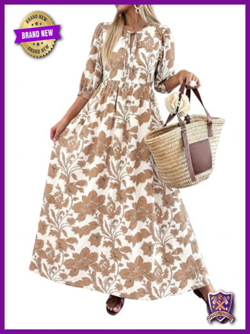Women's Boho Floral Maxi Dress 3/4 Sleeve Drawstring Tie Neck Elastic Waist - Picture 1 of 6